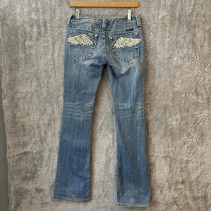 Y2K New Wings Graphic Embroidery Rhinestone Slim Fit Jeans Women Harajuku Sexy Flared Jeans Goth Light Blue Denim Trousers Pants