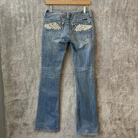 Y2K New Wings Graphic Embroidery Rhinestone Slim Fit Jeans Women Harajuku Sexy Flared Jeans Goth Light Blue Denim Trousers Pants