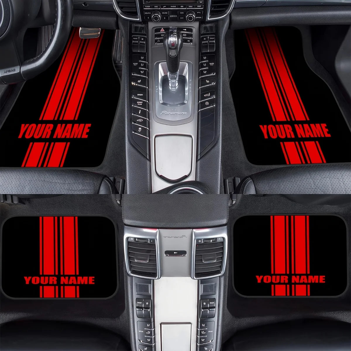 Custom 4pcs Car Floor Mats With Personalized Name/Text - Red Vertical Stripes On Black, All-Season Durable Polyester Auto Liners