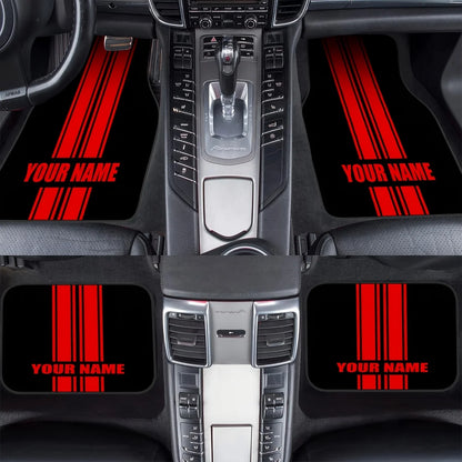 Custom 4pcs Car Floor Mats With Personalized Name/Text - Red Vertical Stripes On Black, All-Season Durable Polyester Auto Liners