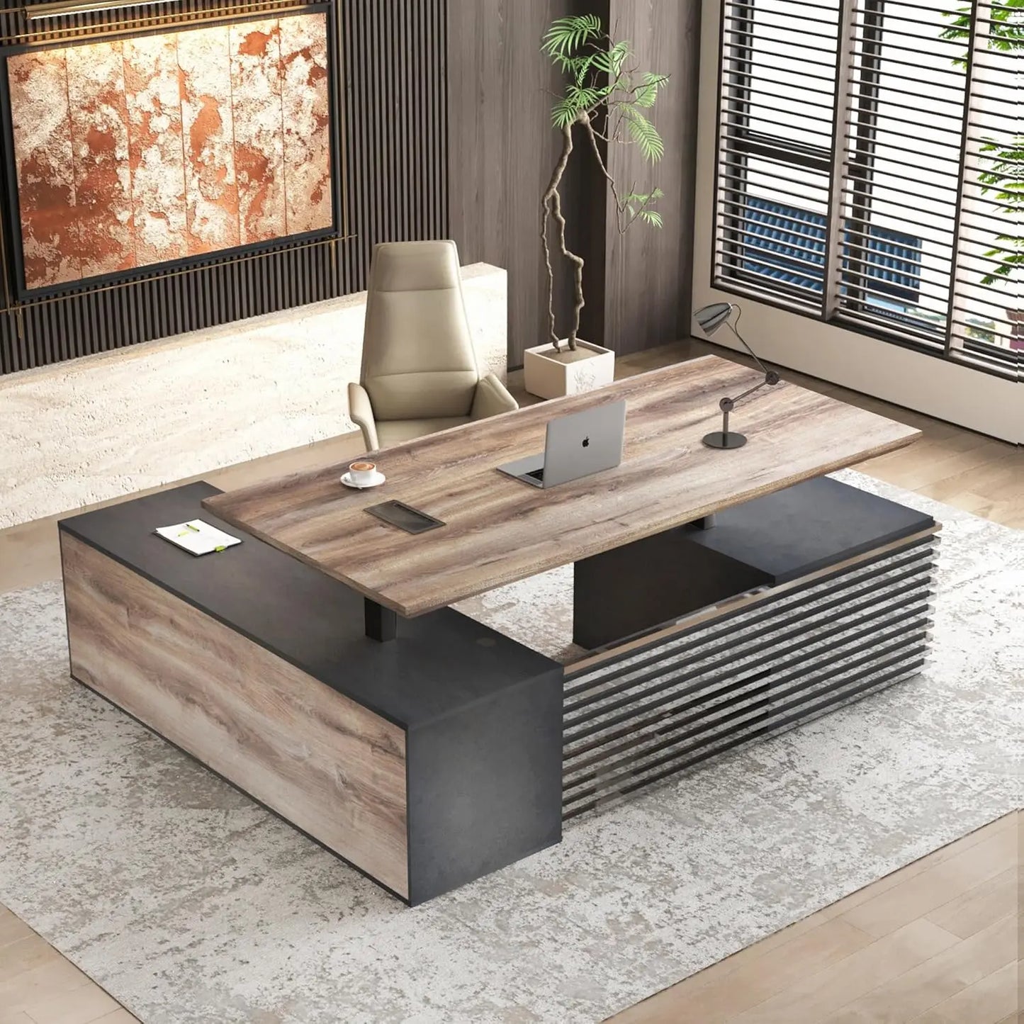 Adjustable Heigh L Shaped Executive Standing Desk w/Drawers Office Desk w/Universal Charging Ports Large Business Workstation