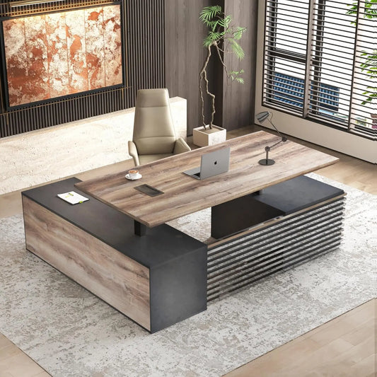 Adjustable Heigh L Shaped Executive Standing Desk w/Drawers Office Desk w/Universal Charging Ports Large Business Workstation