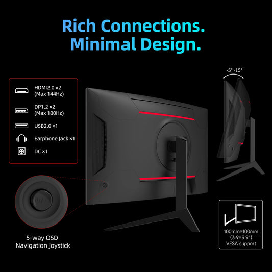 KTC 27 inch WQHD 180Hz 1ms Curved Gaming Monitor 1440P 144Hz Monitor 132% sRGB HVA FreeSync DisplayPort/HDMI/USB VESA Computer M