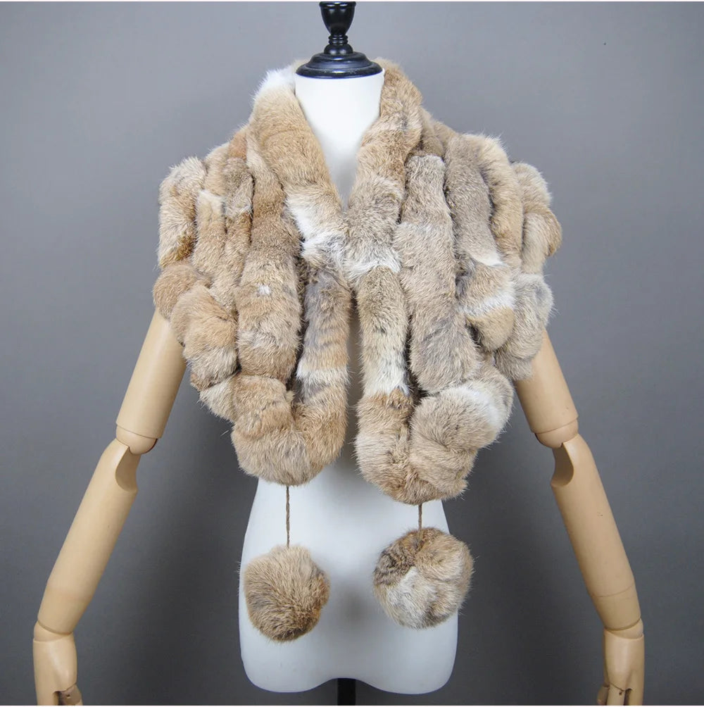 New Lady Winter Real Rabbit Fur Scarf Natural Warm Soft Rabbit Fur Shawl Women Fashion Outdoor Knit 100% Real Rabbit Fur Scarves