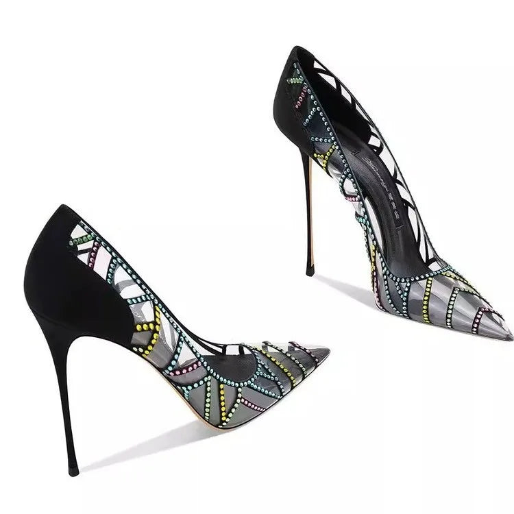 Black Design Sense Niche Transparent Multicolored Rhinestone 2026 New Pointed Toe Stiletto High-heeled Shoes for Women