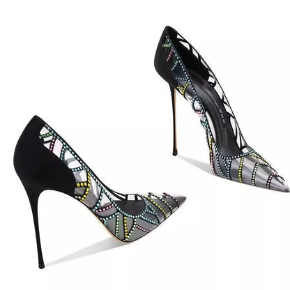 Black Design Sense Niche Transparent Multicolored Rhinestone 2026 New Pointed Toe Stiletto High-heeled Shoes for Women