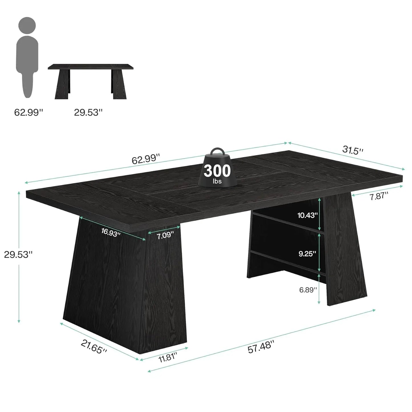 63-Inch Executive Desk, Modern Black Office Desk with Double Pedestal and Storage Shelves, Simple Large Computer, Customized