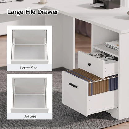 L Shaped Desk with File Cabinet, Corner Computer Desk with Storage Drawers, Large Home Office Table with Power, Customized