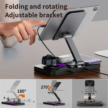 7-in-1 Wireless Charger Station 15W Foldable Fast Charging Alarm Clock Night Light for iPhone 17 16 15 14 Apple Watch AirPods