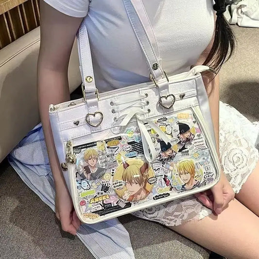 JIAERDI Transparent Ribbon Bow White Ita Bag Women Harajuku Aesthetic Large Capacity Shoulder Bags Lady Versatile Satin Handbag
