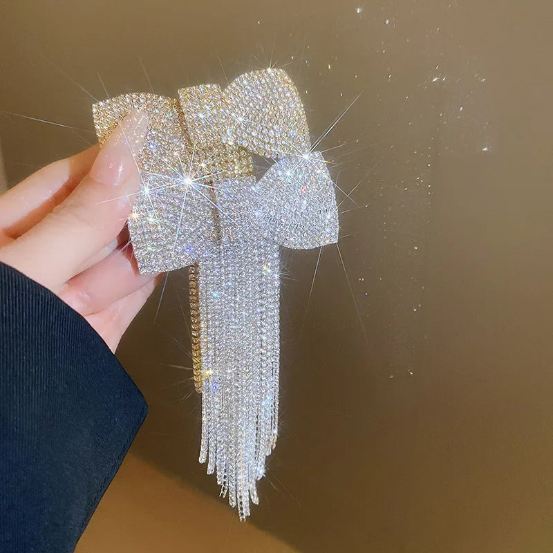 Rhinestone Bow Fringe Hairpin for Women Fashion Temperament Hair Clip Korean Light Luxury Hair Accessories Gold Silver Color