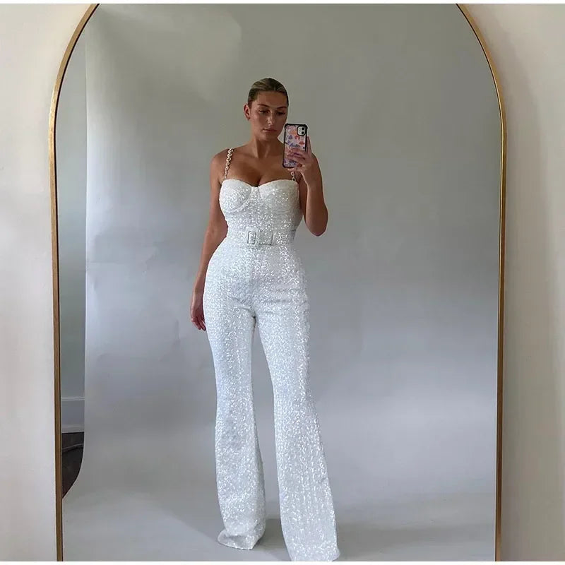 Fashion Wide Leg Sequin Jumpsuits Women Spring Backless Sleeveless Overall with Belt Female Elegant High Waist Chic Streetwear