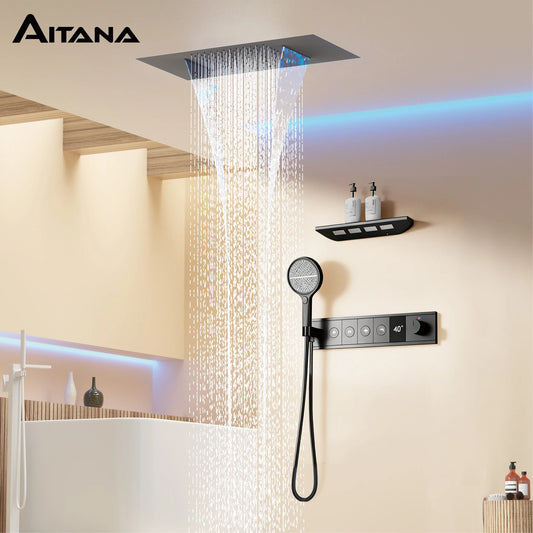 Ceiling Mounted LED Digital Display Thermostatic Shower System.Embedded waterfall style brass bathroom mixer for hot&cold water