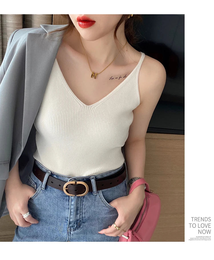 Korea Summer Tops 2026 New Solid V-Neck Elastic Knitted Suspender Camis Women's Tanks Clothing Basics Shirt