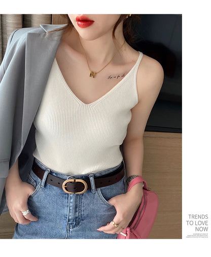 Korea Summer Tops 2026 New Solid V-Neck Elastic Knitted Suspender Camis Women's Tanks Clothing Basics Shirt