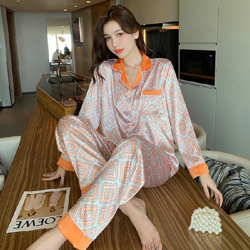 Spring Autumn Faux Silk Women Pajama Sets Fashion Sexy Homewear Luxury Pajamas Thin Female Sleepwear Long Sleeve Elegant Pijamas