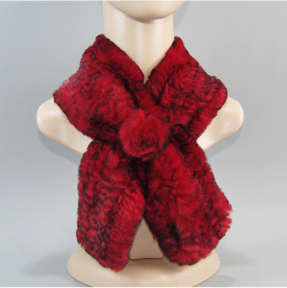 Hot Russian Women Knit Real Rex Rabbit Fur Scarf Lady Fashion Floral Rex Rabbit Fur Mufflers Hot Winter Warm Natural Fur Scarves