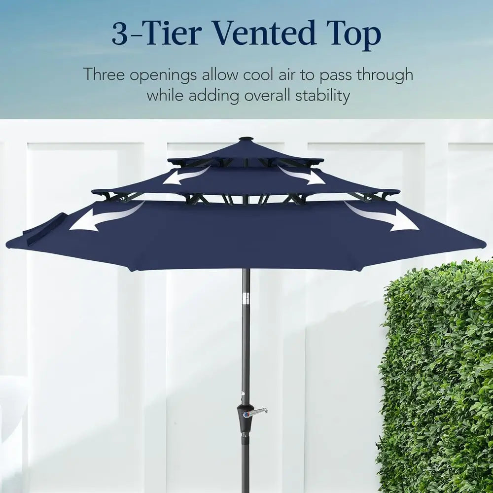 10ft 3-Tier Patio Umbrella with Crank Lift, Outdoor Sun Shade for Deck, Backyard, and Poolside