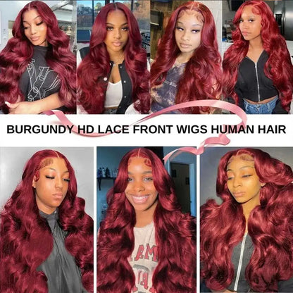 30 Inch Burgundy Body Wave Human Hair Wigs 13x4 HD Lace Frontal Wig Colored 99j Wet And Wavy Curly Lace Front Human Hair Wigs