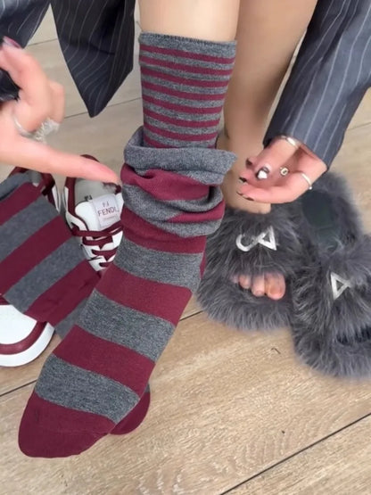New Athletic Crew Dress Autumn Winter Sock Women Striped Versatile Pile Ankela Vertical Striped mid-calf New Trendy B8W167