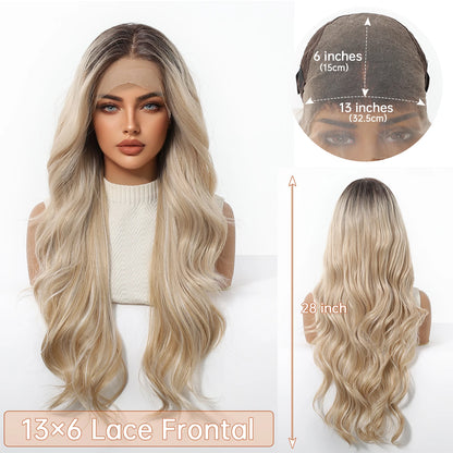 EASIHAIR Long Wavy HD Lace Front Synthetic Wigs for Women Natural Wave Blonde Wigs With Dark Roots 13*6 Lace Wigs Heat Resistant