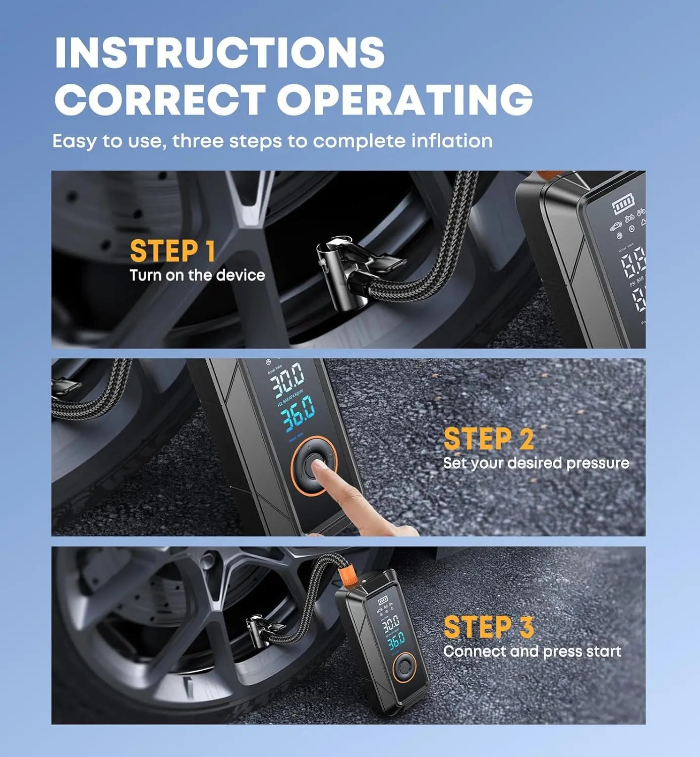 Portable tire inflation pump, wireless 12V DC inflation pump, suitable for car, bicycle, motorcycle tires, balls, etc