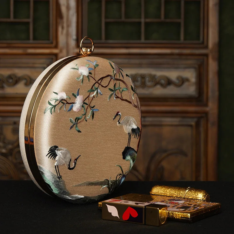 Cape-Bay Brand Women's Bag, Elegant and Classy Small Handbag, Shoulder Bag, Round Bag, Crossbody Bag, Classical Beauty, Retro Fashion, Chinese Suzhou-Style Embroidery, Landscape Painting, Floral and Bird Motifs, Beautiful Min