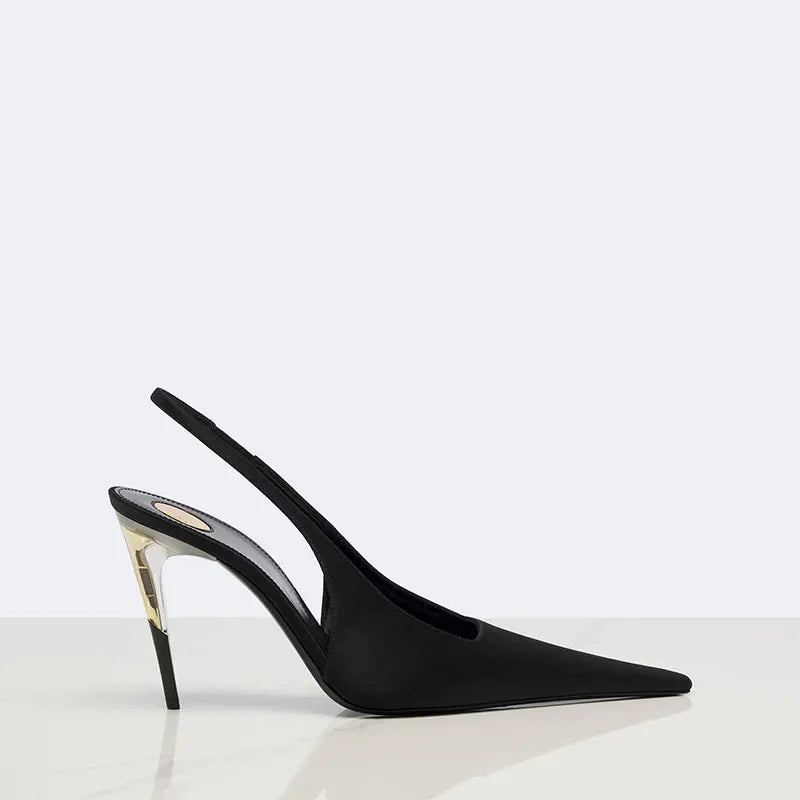 Women Satin Pointed‑Toe Stiletto Pumps with Clear Heel, Elegant Back Strap Dress Heels for Formal Dating Club Occasions