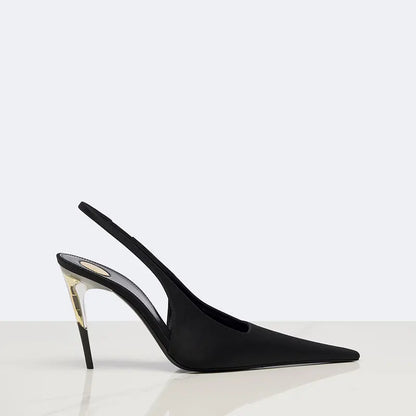 Women Satin Pointed‑Toe Stiletto Pumps with Clear Heel, Elegant Back Strap Dress Heels for Formal Dating Club Occasions