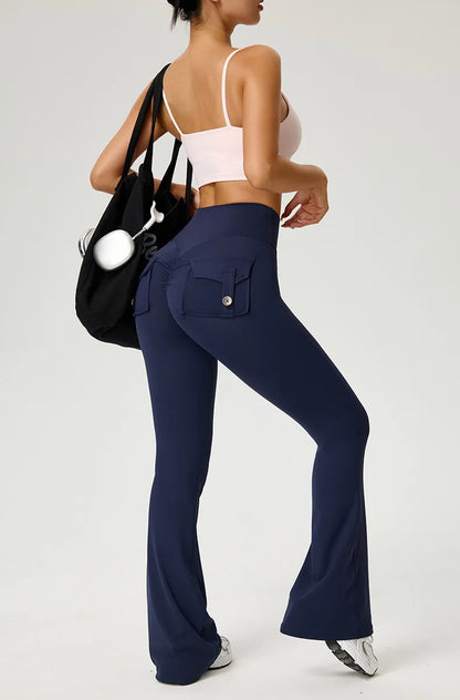 Women's Flared Pants Yoga Leggings Bell-bottoms Tight Elastic Breathable Sports Pants Back Waist Pockets Womens Clothing