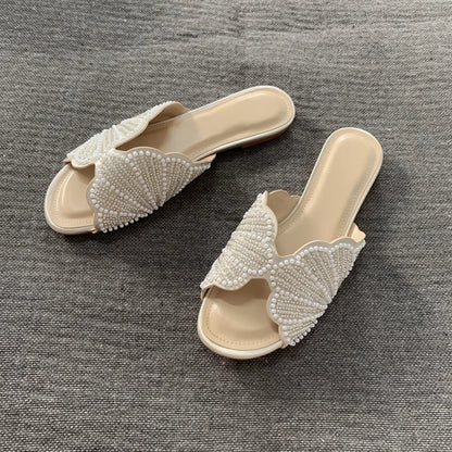 Luxury Summer Flat Sandals for Women Fashion Faux Pearl Designer Slide Sandal Comfortable Lightweight Beach Casual Shoes Woman