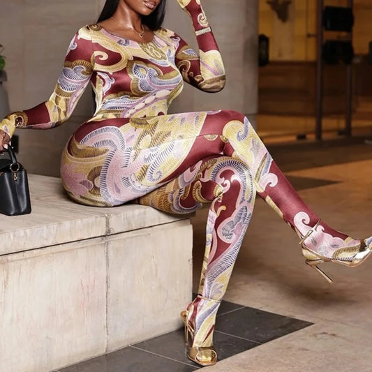 Printed Skinny Footed Jumpsuits Women Fashion O Neck Long Sleeve Peach Hips Slim Casual Streetwear Overalls Night Club Rompers