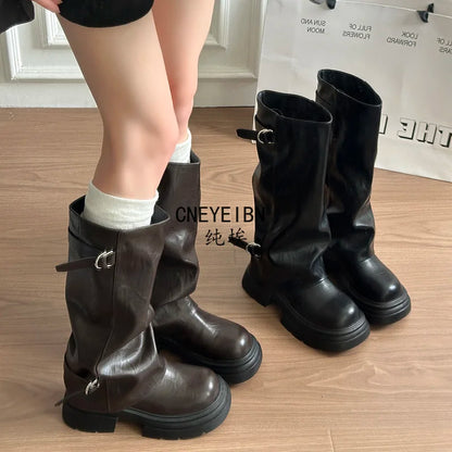 Women Double Buckle Slouch Knee High Boots Round Toe Platform Thick Sole Leather Tall Boots Street Casual Daily Ladies Boots