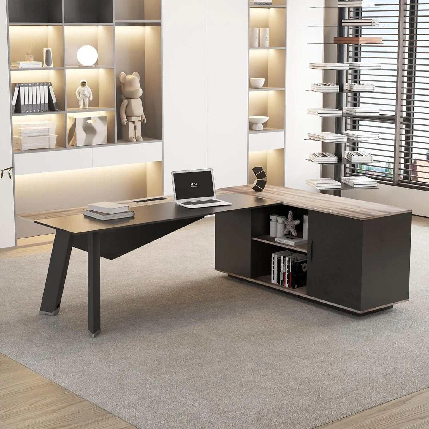 63in L-Shaped Executive Desk with 47" lateral File Cabinet/Storage Shelves Business Writing Table Computer Desk for Home Office