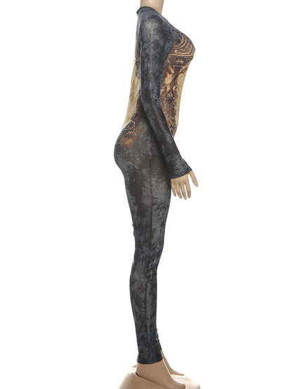 Sisterlinda Printing Slim O-Neck Long Sleeve Jumpsuit Women Sexy Popular Body-shaping Vestidos Girl Party Leisure Pencil Pants