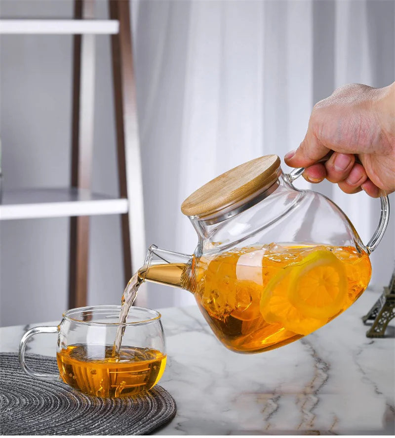 1/1.8L Transparent Glass Teapot with Bamboo Lid Heat-Resistant Glass Pitcher Thickened Glass Flower Tea pot Puer Kettle Office