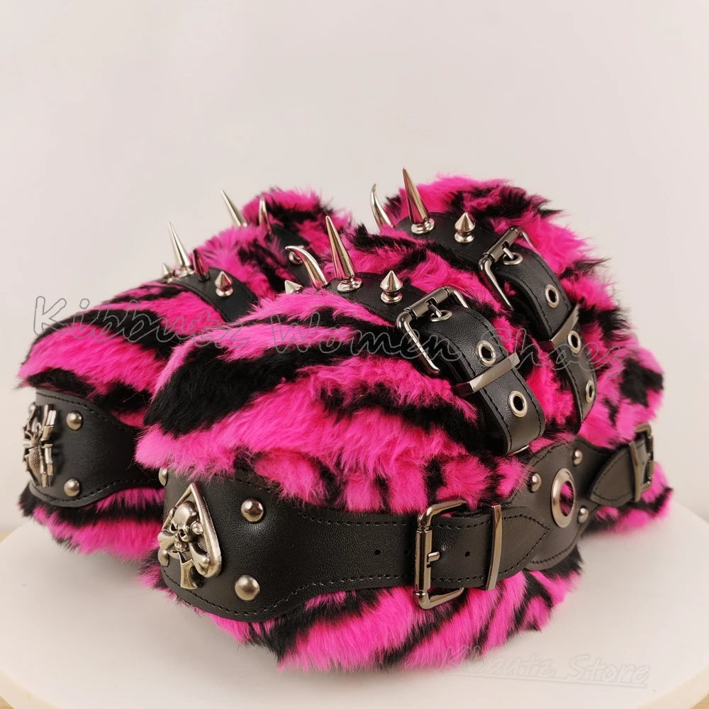 Rivets Slipper Furry Sandals Platform Round Toe Thick Bottom Spicy Girl Shoes Punk Rock Novelty Fashion Luxury Elegant Concise