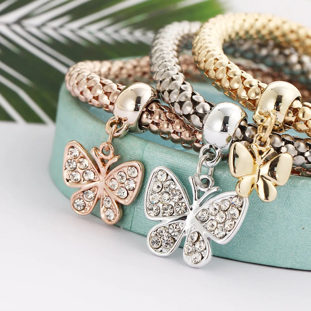 3Pcs Fashion Heart Bracelet Set For Women Crystal Owl Lock Key Music Sign Butterfly Elephant Charm Bangle Party Jewelry Gift