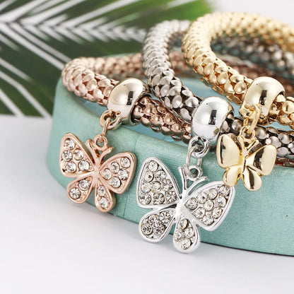 3Pcs Fashion Heart Bracelet Set For Women Crystal Owl Lock Key Music Sign Butterfly Elephant Charm Bangle Party Jewelry Gift
