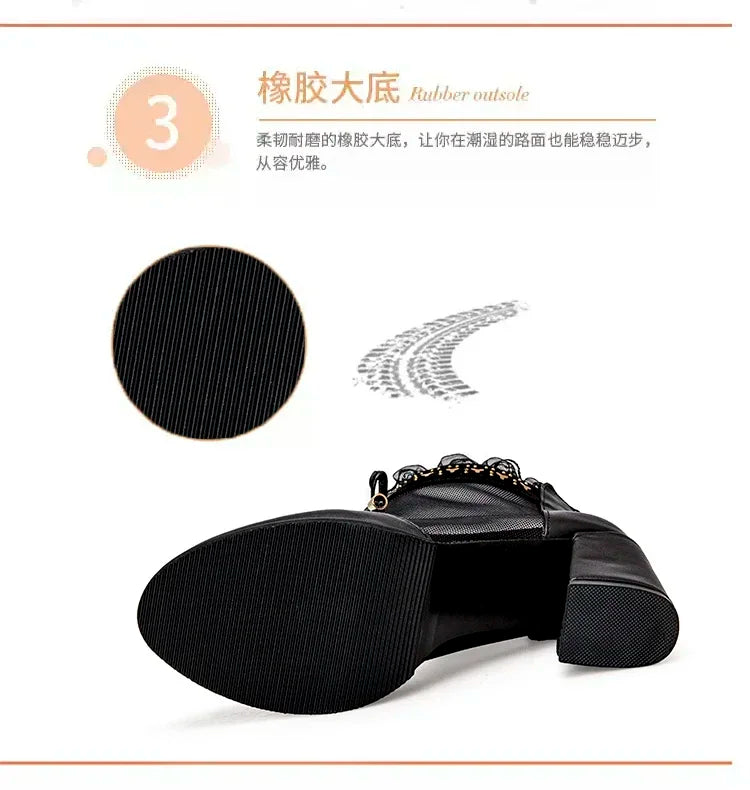 2025 Elegant High Heels Mesh Bow Summer Shoes High Heel Women Sandals Fish Mouth Black Leather Sandal Ankle Boots Luxury Fashion