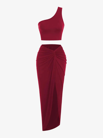 Spring and Autumn New Popular Women's Y2K Knit Off-Shoulder High Stretch Vest Top and Sexy Slit Half Skirt Set