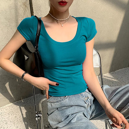 Cotton short sleeved women's T-shirt for summer, slim fit and slimming, versatile waist design, front shoulder, U-neck