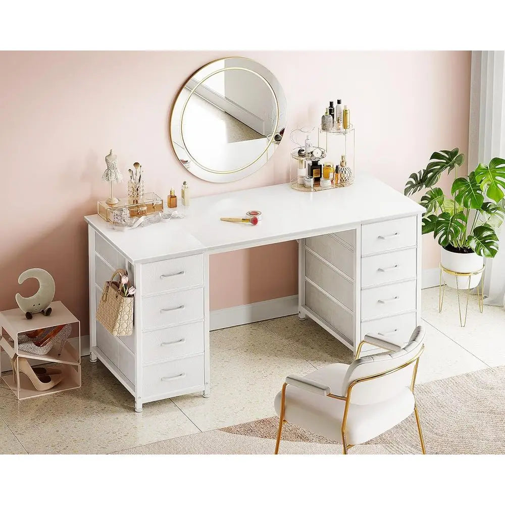 48 White Desk with 8 Fabric Drawers - Modern Storage Desk for Home Office, Study, Gaming