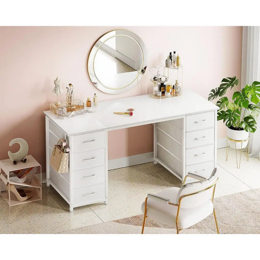 48 White Desk with 8 Fabric Drawers - Modern Storage Desk for Home Office, Study, Gaming