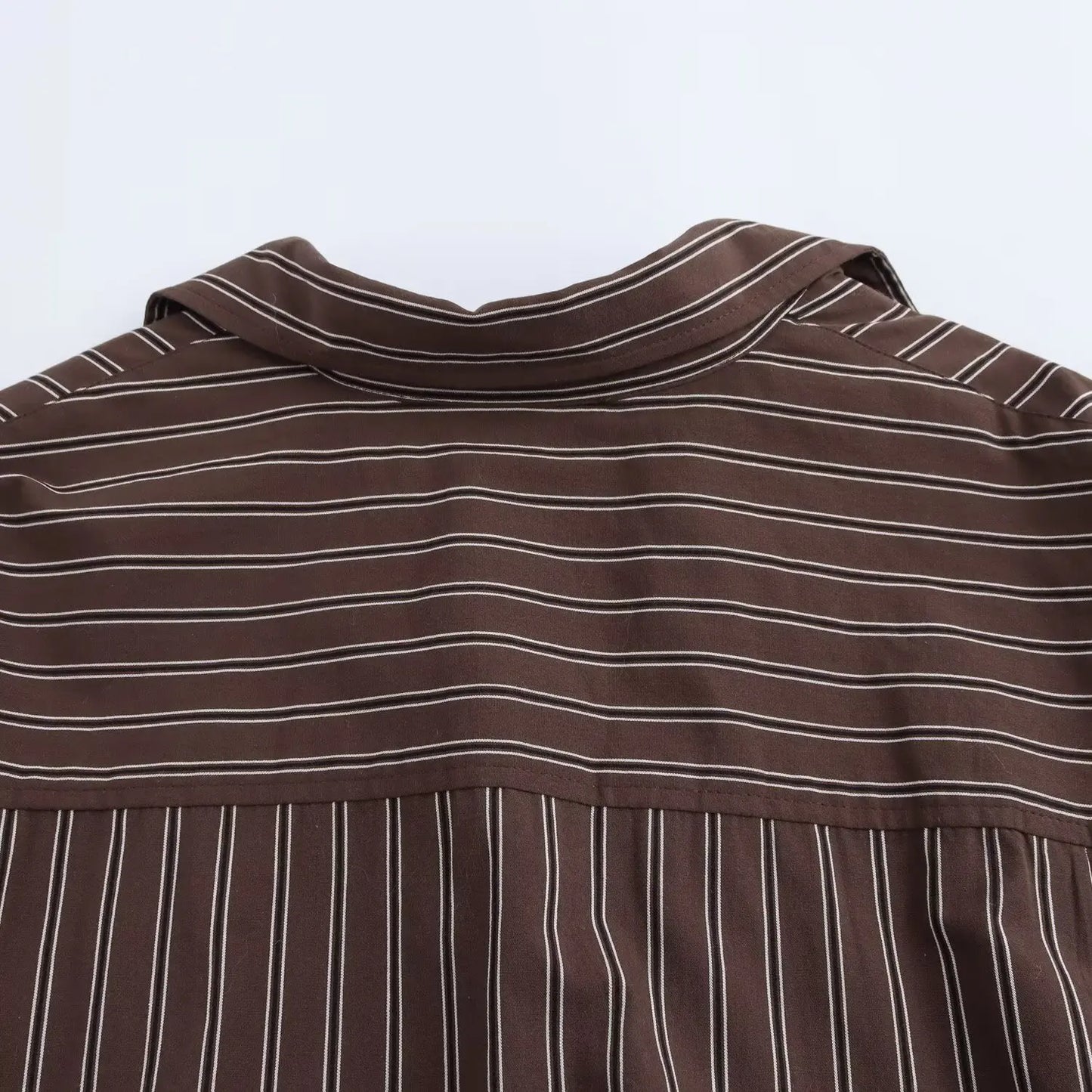 EDSA Women Brown Batwing Stripe Shirt Long Sleeves with Cuffs Patch Pockets Button-up Front for Office Lady Blouse