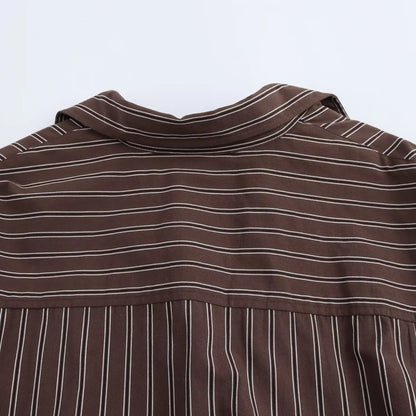 EDSA Women Brown Batwing Stripe Shirt Long Sleeves with Cuffs Patch Pockets Button-up Front for Office Lady Blouse