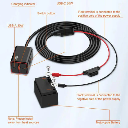 Premium Motorcycle Usb C Fast Charger Pd+qc3.0 60w Charger 12v/24v Phone Vehicle-mounted C Adapter Type Cell Waterproof Soc A0a9