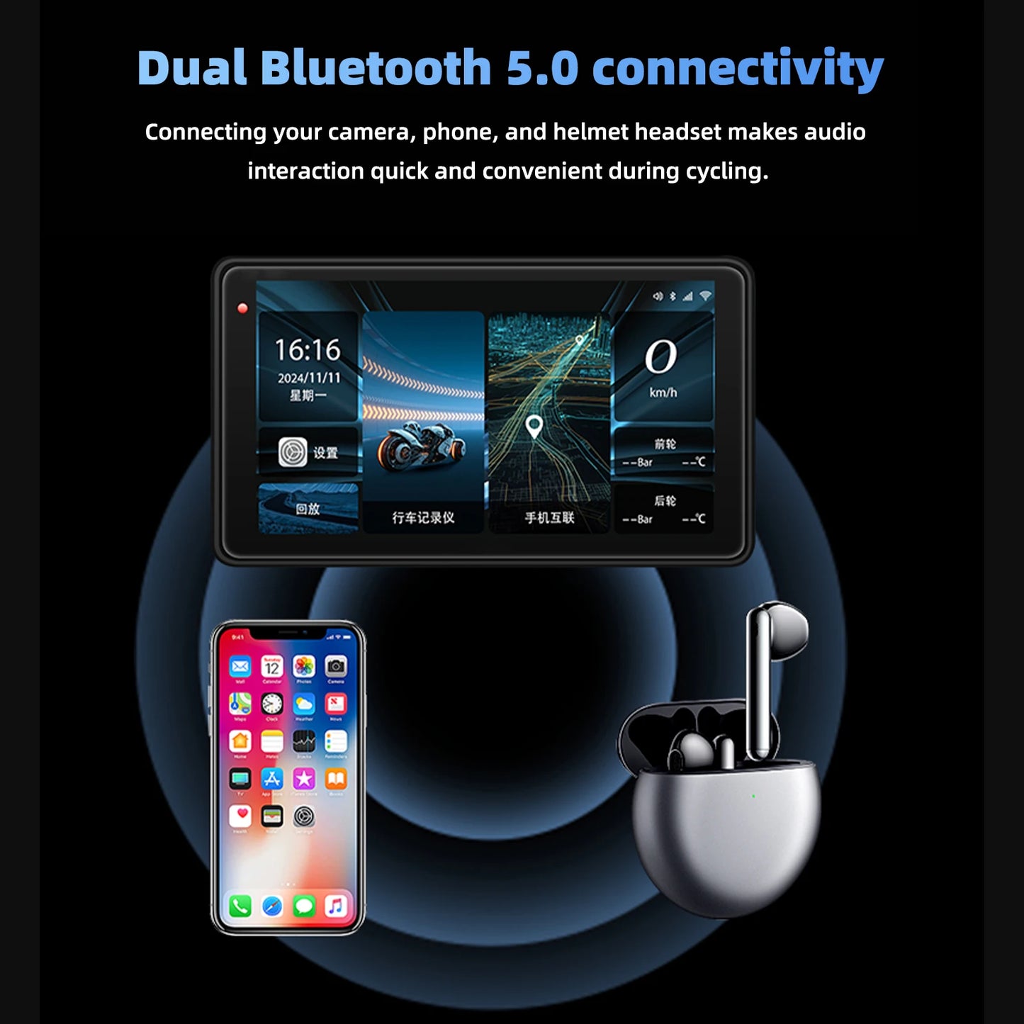 Motorcycle GPS Navigation Screen with 1080P Dash Cam Front and Rear 5in IP68 Waterproof Touchscreen Bluetooth Audio Receiver