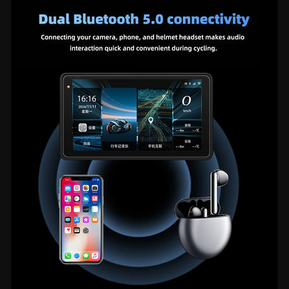 Motorcycle GPS Navigation Screen with 1080P Dash Cam Front and Rear 5in IP68 Waterproof Touchscreen Bluetooth Audio Receiver