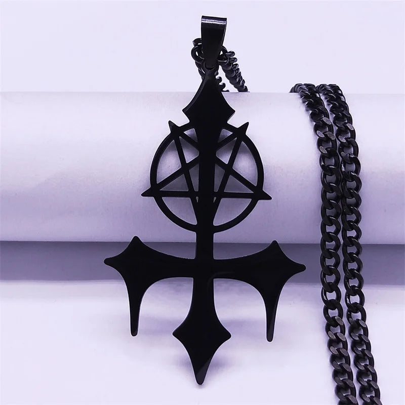 Goth Pentagram Sigil Satan Cross Necklace for Men Stainless Steel Black Y2k Gothic Star Lucifer Jewelry Halloween Gift N3002